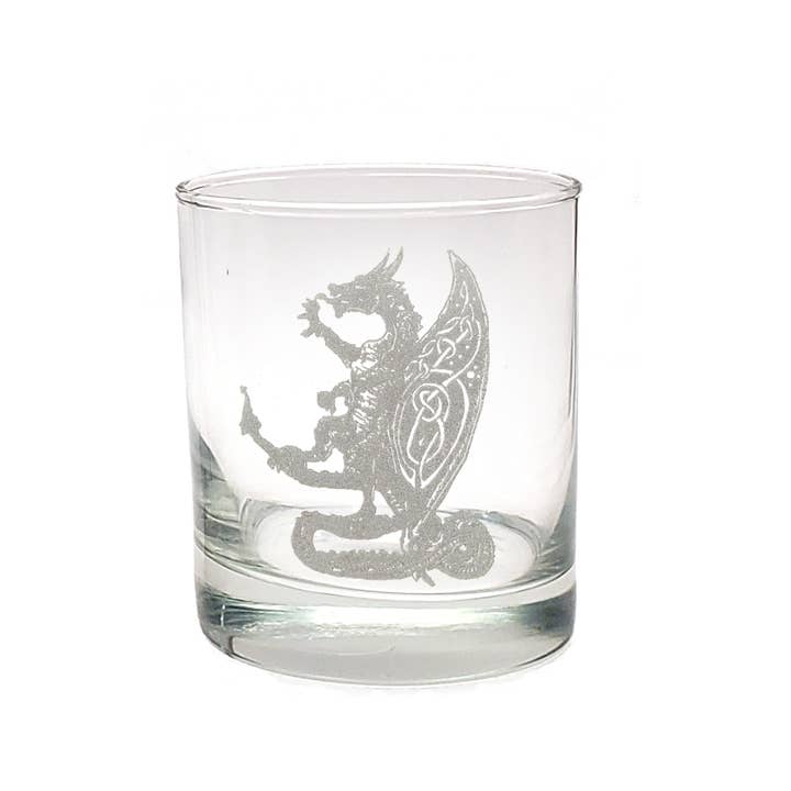 Celtic Dragon 10oz Engraved Whiskey Glass, Fantasy Barware for wholesale by Lyoncraft