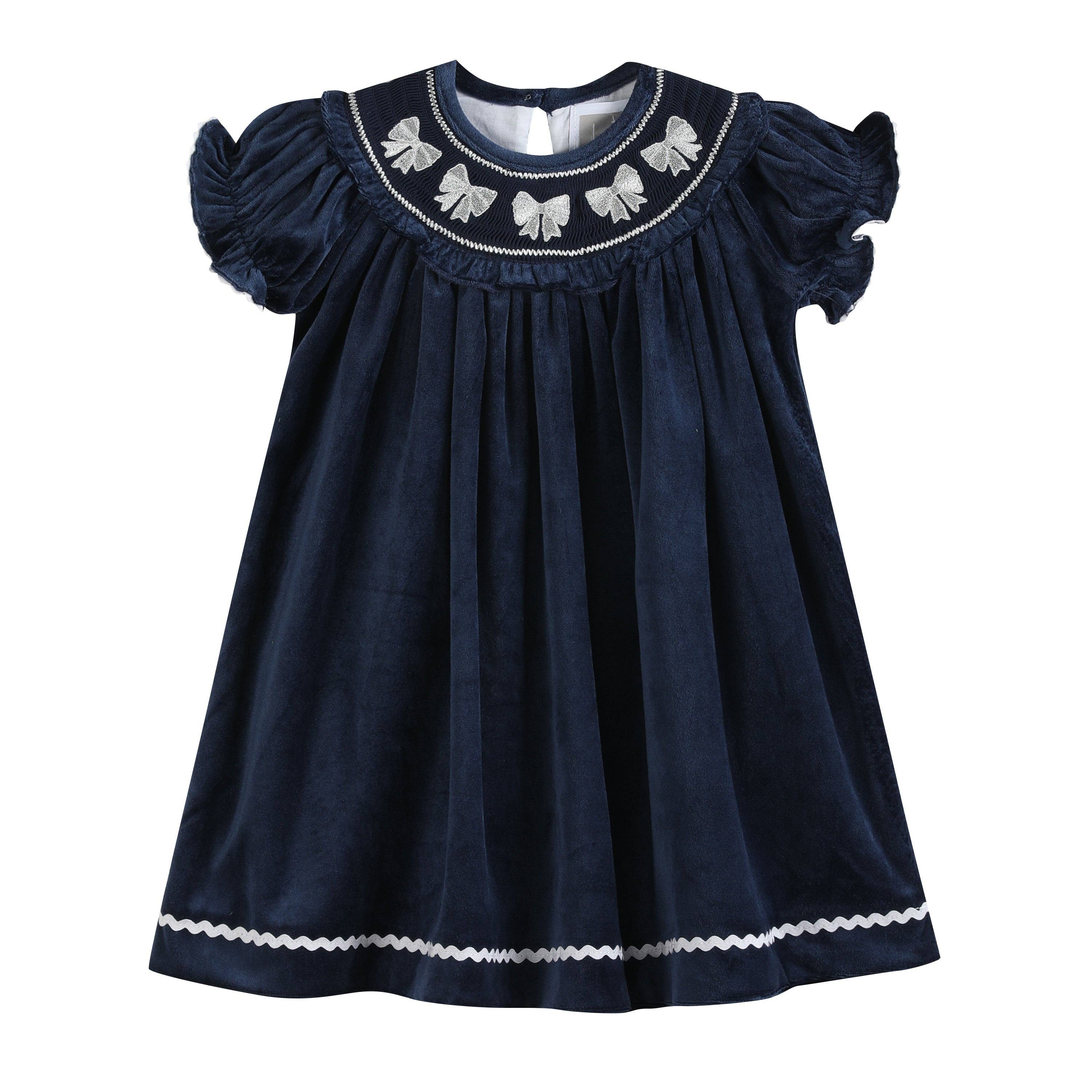 Lil Cactus - Wholesale Dress - Kids - Blue Velvet Silver Bows Smocked Ruffle Bishop Dress1