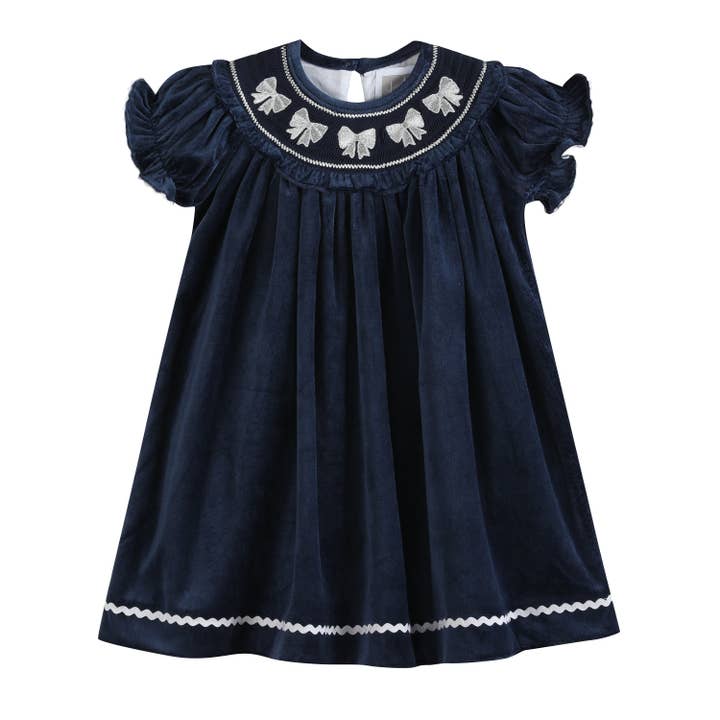 Blue Velvet Silver Bows Smocked Ruffle Bishop Dress for wholesale by Lil Cactus
