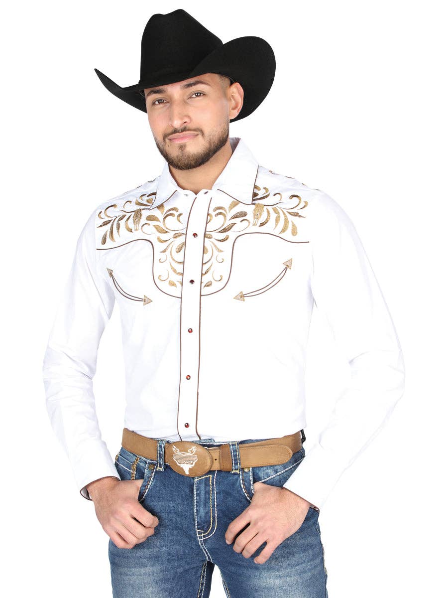 El General Western Wear - Wholesale Button Down Shirt - Men's - El General Embroidery Western Shirt White/Gold 442950