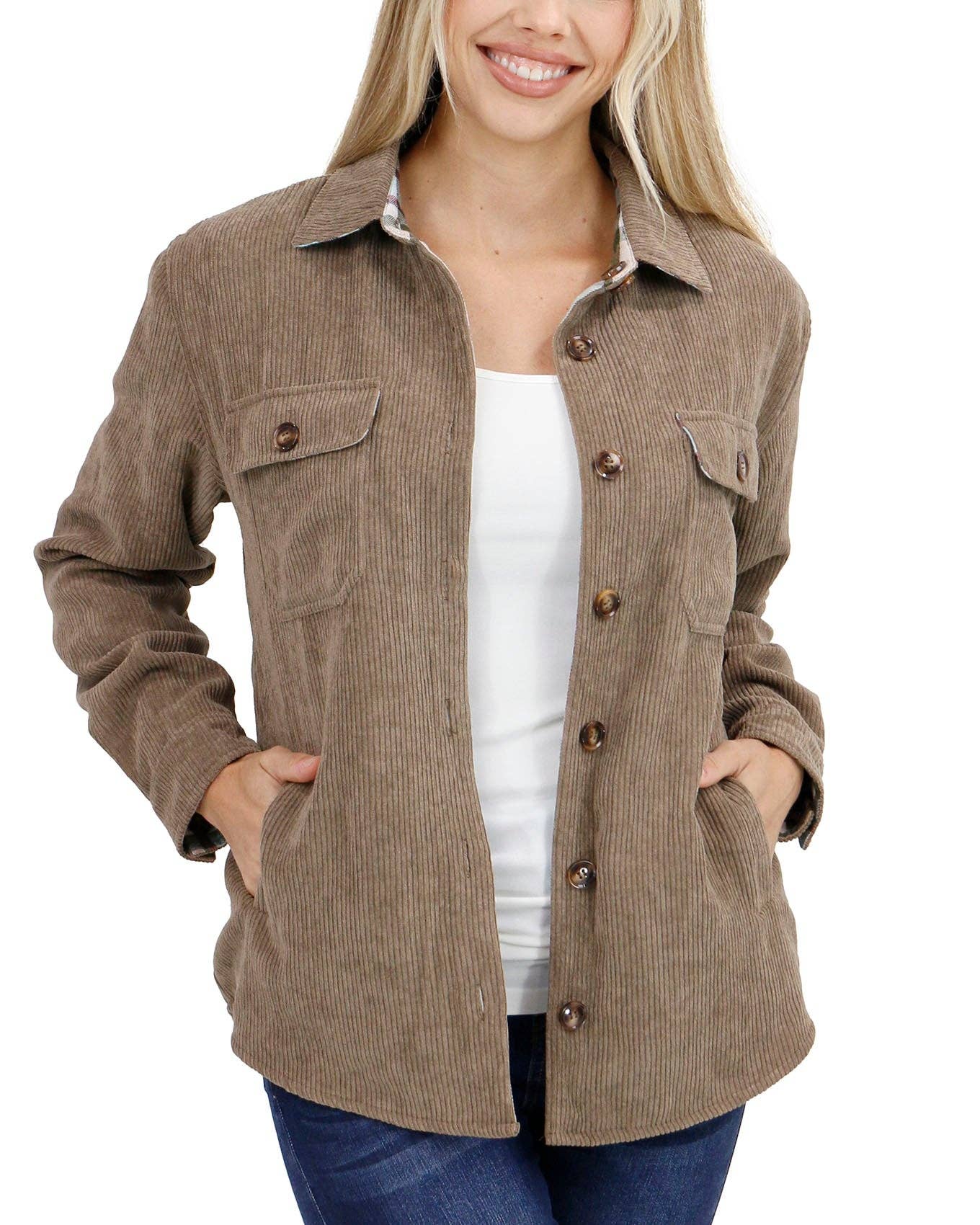 Reversible Corduroy Shacket in Tan/Olive Plaid for wholesale on Faire14