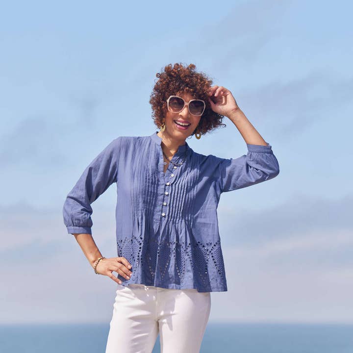 rockflowerpaper - Wholesale Tunic - Women's - Blue Pintuck Tunic With Eyelet Hem