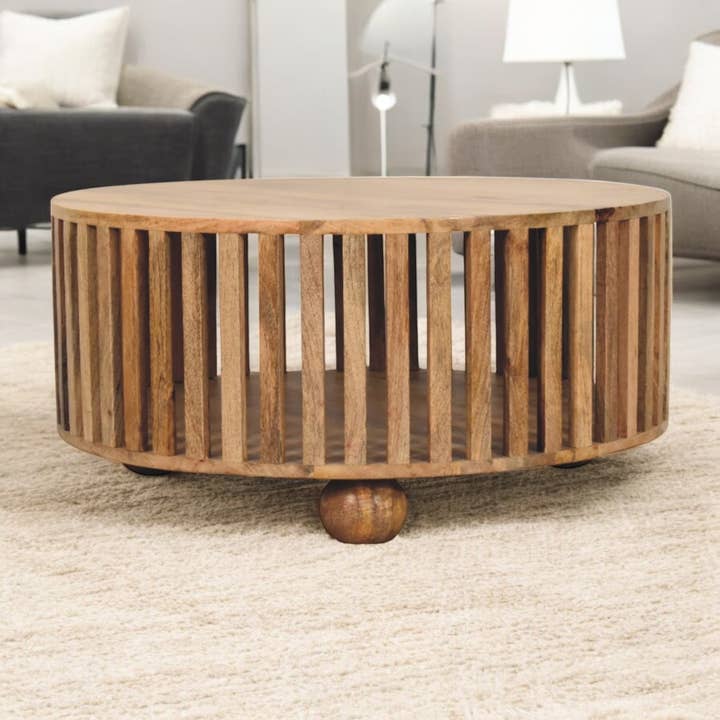 Slatted Round Oak-ish Coffee Table for wholesale by Artisan Furniture
