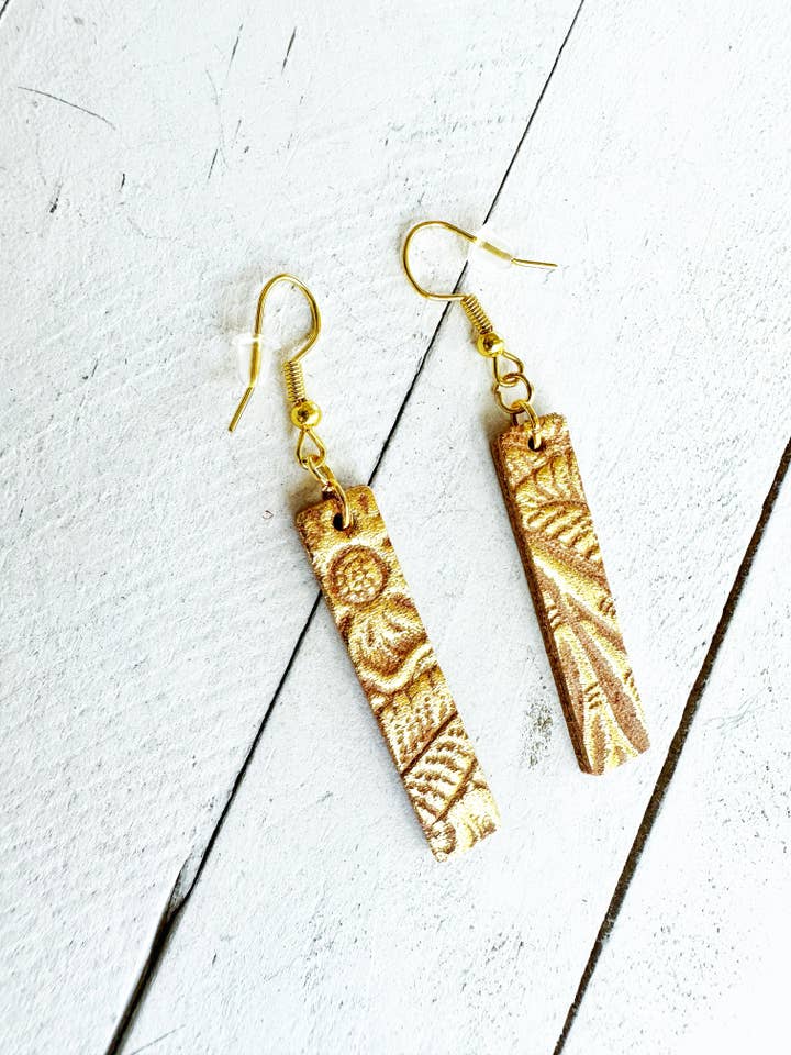 Metallic Gold on Brown Leather Bar Earrings for wholesale by Boho By Design