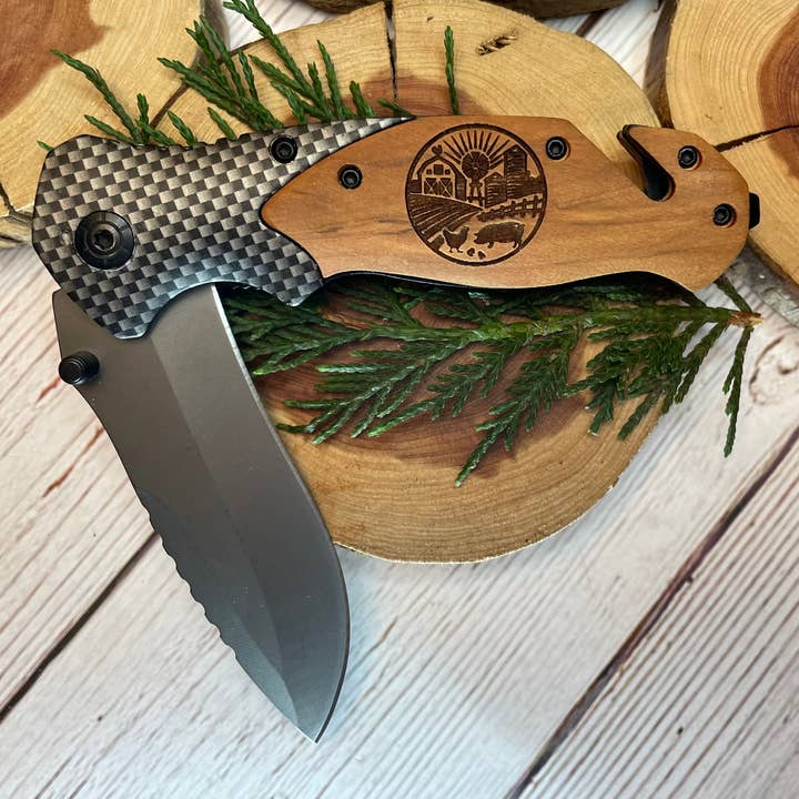 Farm Sunrise in Circle Knife for wholesale by Quail Tail Laser Art