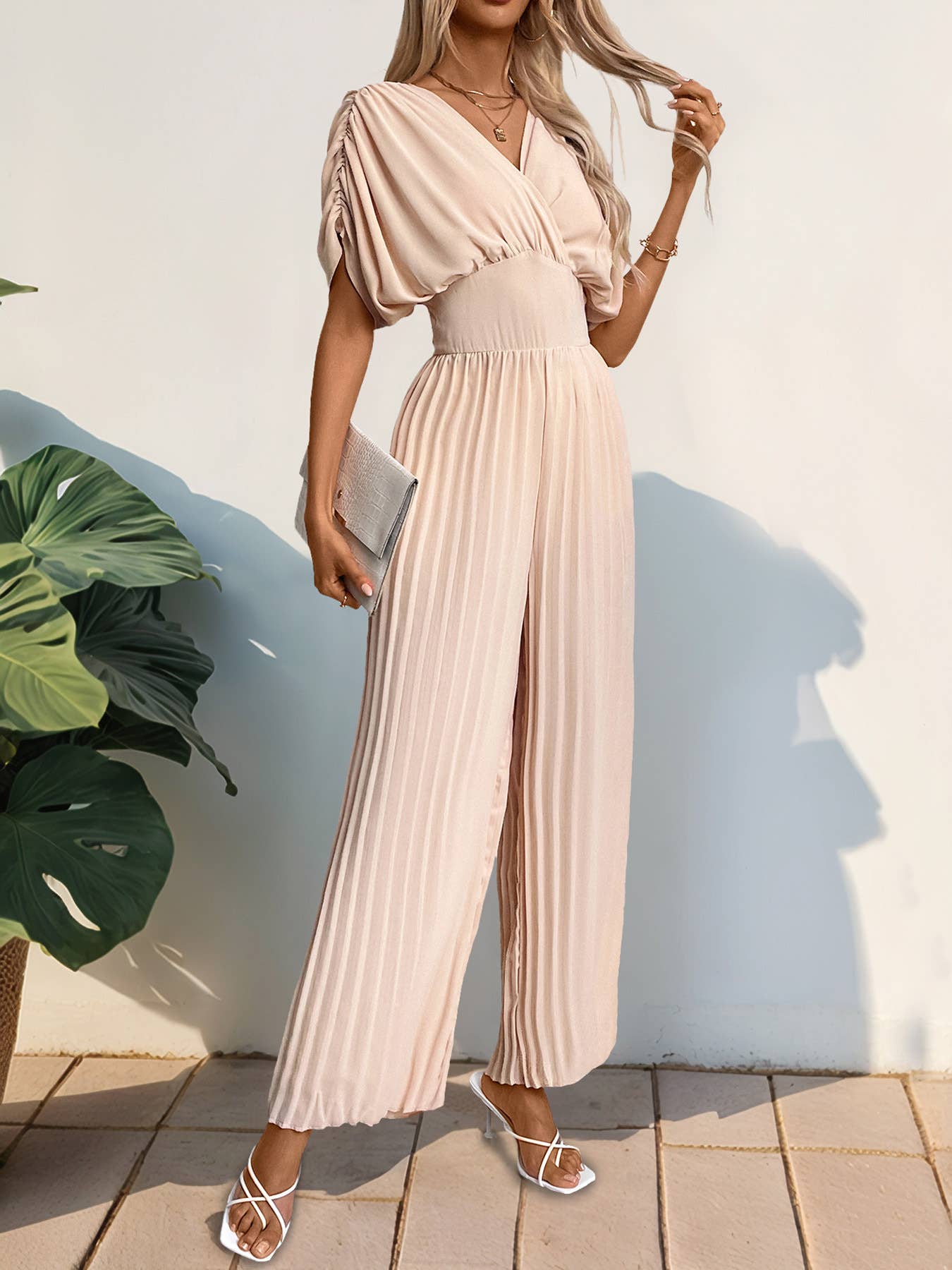 Apricot V-Neck Fitted waist Pleated Wide-Leg Jumpsuit for wholesale on Faire0