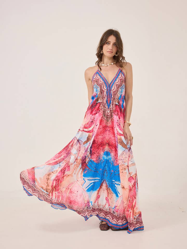 Flowy long dress with V-neck - 5368 for wholesale by Frime