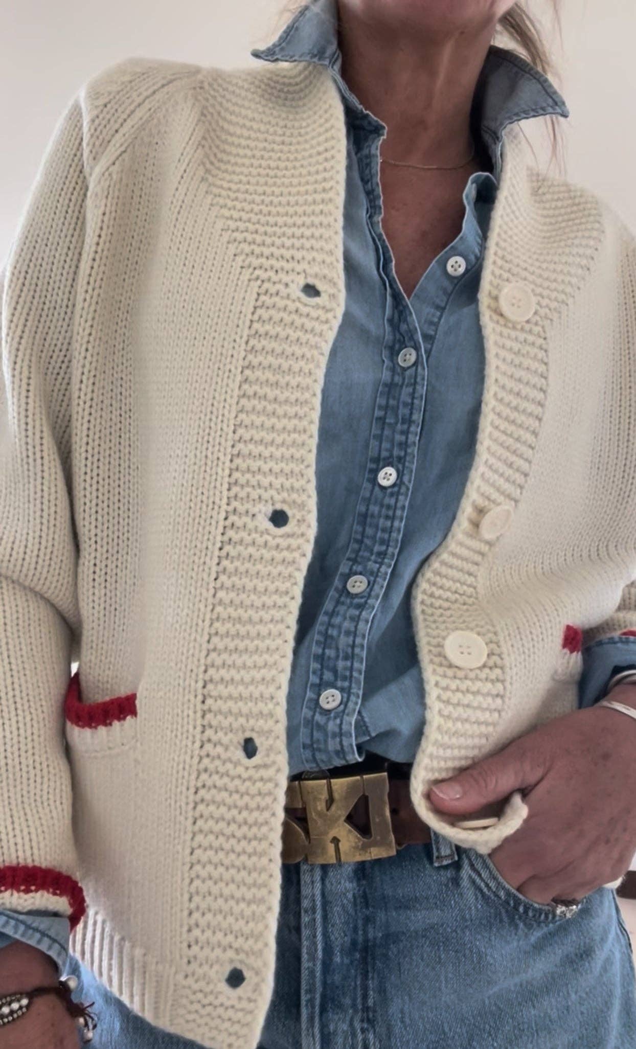 Pink Pineapple - Wholesale Cardigan - Women's - Heart Ski Varsity Cardigan in Ivory3