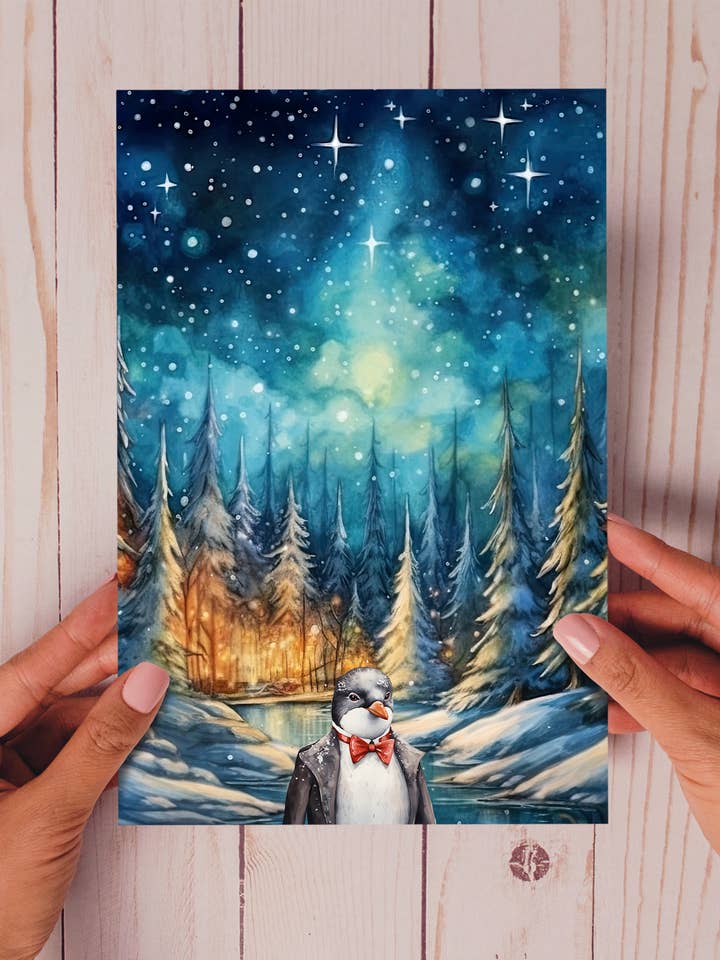 Nature's Christmas Ball Penguin - Elegant Christmas Card for wholesale by Homemade Hollydays Wholesale