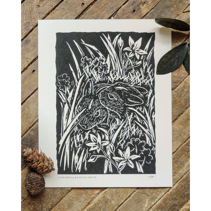 Clover Babies Linoprint for wholesale by Big Mitten Linocuts