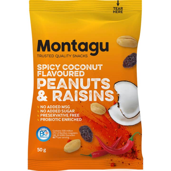 Montagu: Roasted Peanuts & Raisins Mix – Spicy Coconut Flavoured 50g for wholesale by Mahdina