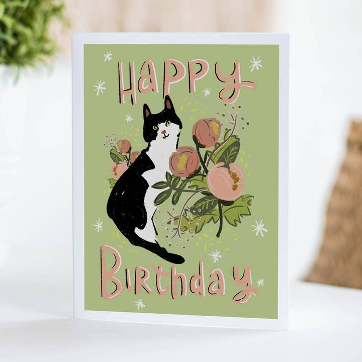 Tarjeta de felicitación para gatos | Tarjetas de cumpleaños para gatos | Tarjeta floral para gatos para venta al por mayor de Fable & Sage