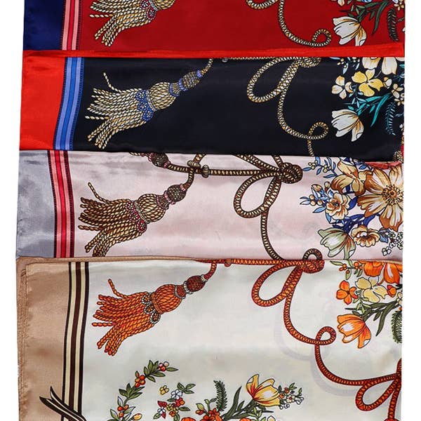 ASSORTED Poppy Floral Filigree Faux Silk Square Scarf for wholesale on Faire2
