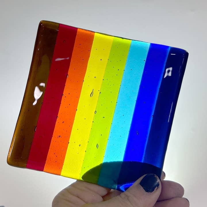 Rainbow Stripes Fused Glass 4.5" Catch-all Dish for wholesale by Kiku Handmade | Contemporary Fused Glass Home Goods