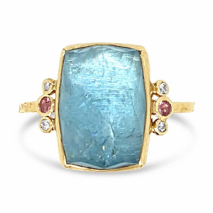 Aquamarine ring with diamonds and peach sapphires in 14k gold. for wholesale by Emily Amey Jewelry