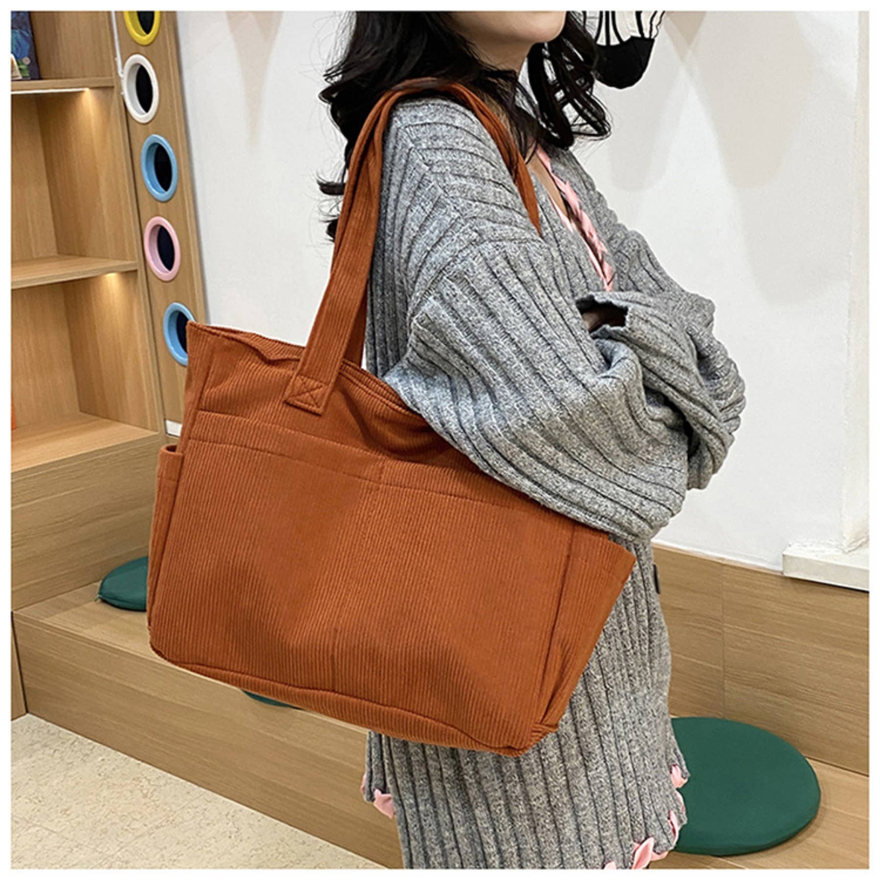 wandf - Wholesale Shoulder Bag - Women's - Casual Solid Color Corduroy Zippered Shoulder Bag Tote20
