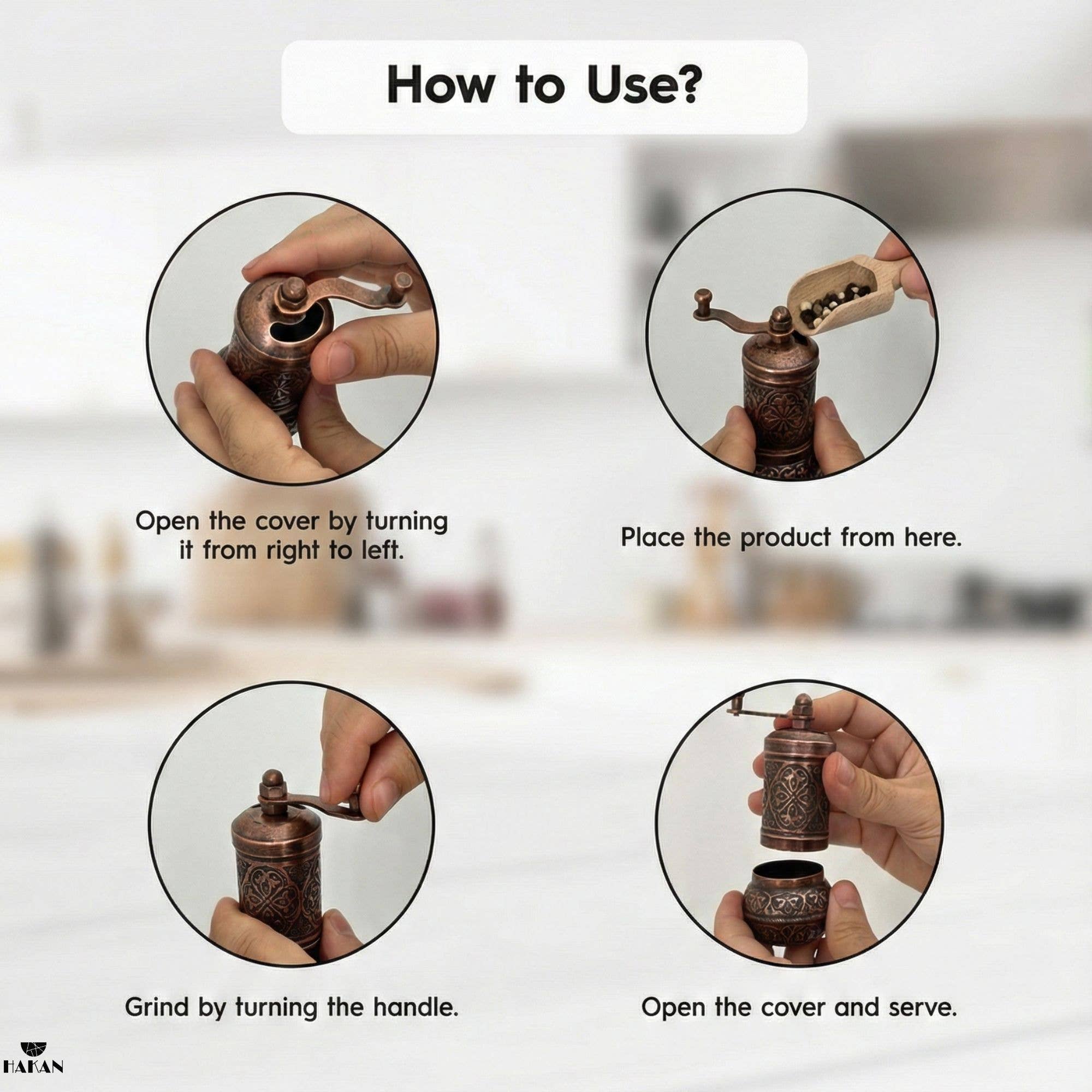 Hakan - Wholesale Pepper Mill - Copper Black Pepper Grinder, Refillable Spice Mill, 4.3 in5