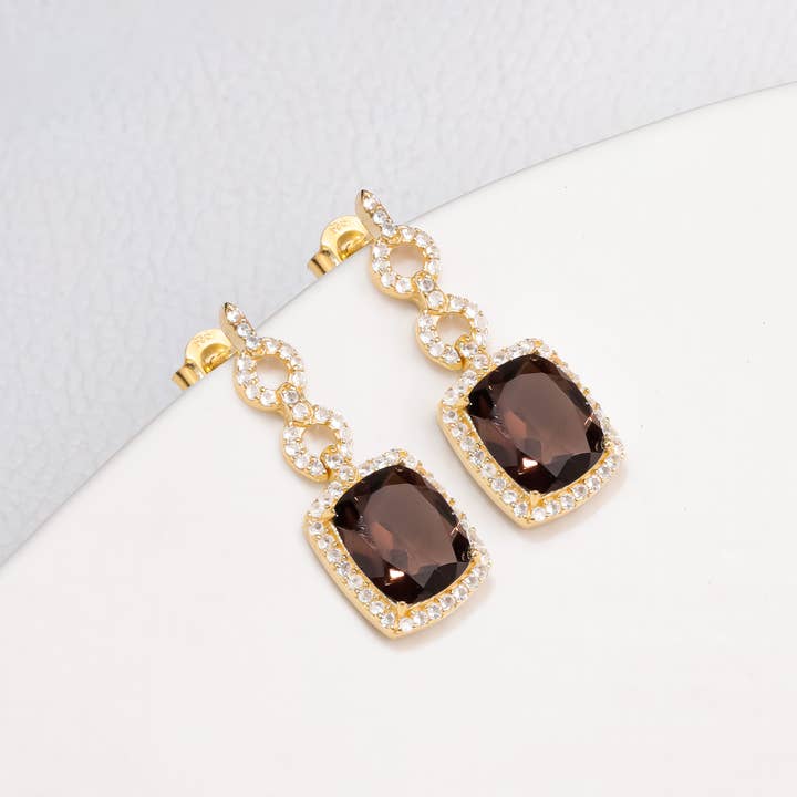 Tiramisu - Wholesale Stud/Post Earrings - Gold Plated Silver Smoky Quartz Halo Drop Earrings2