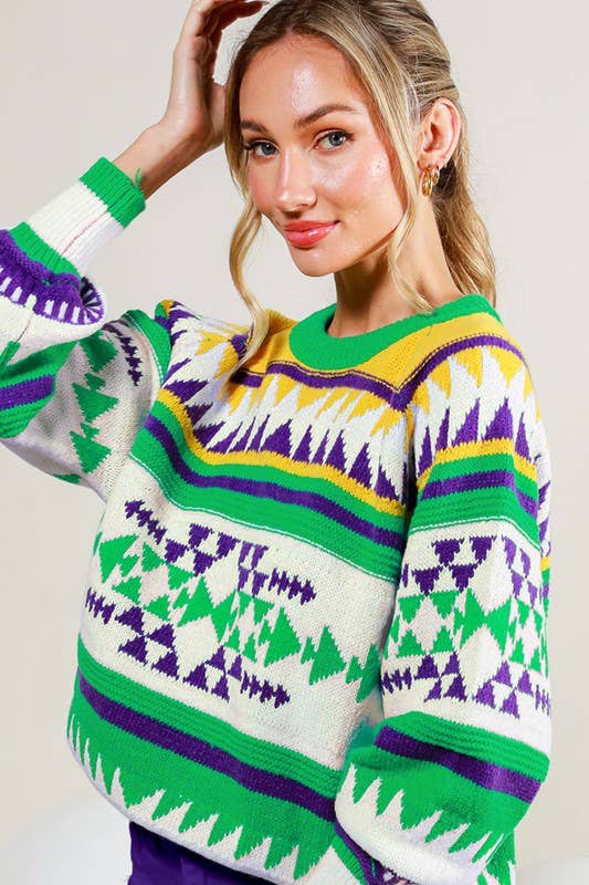 Vanilla Monkey - Wholesale Knitted jumper – Women′s - Aztec Mardi Gras Crew Neck Sweater Top1