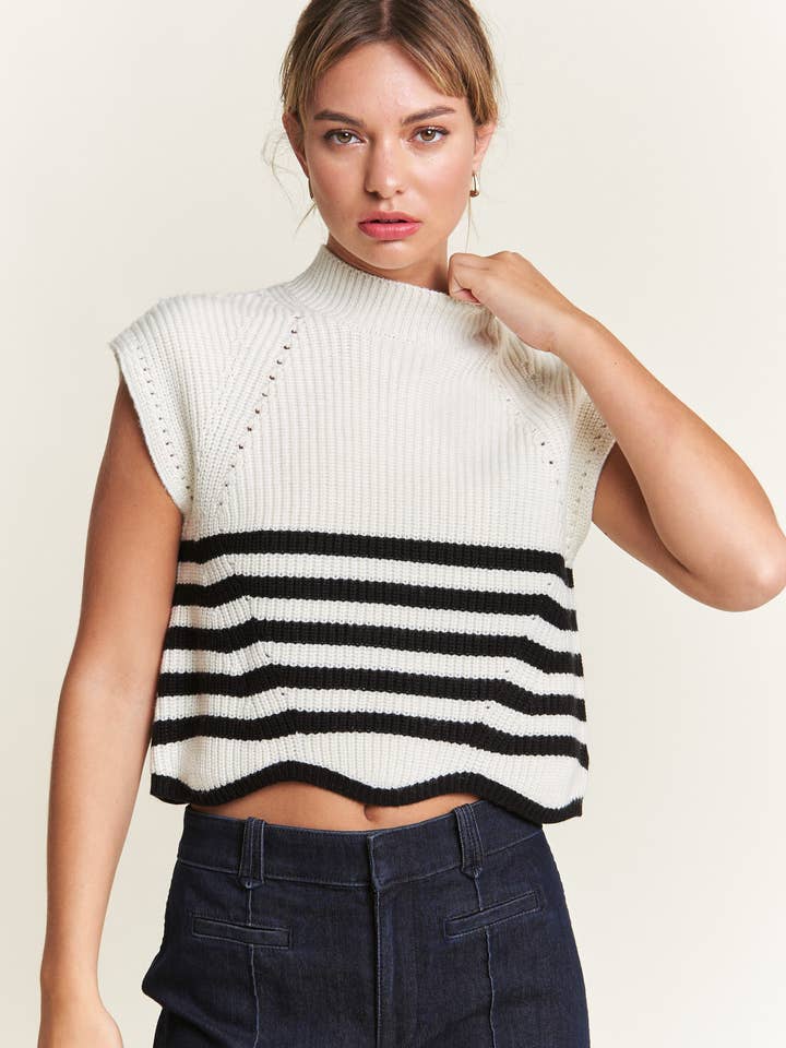 In The Beginning - Vente Pull en maille – femme - Pull sans manches à col roulé bleu marine/ivoire12