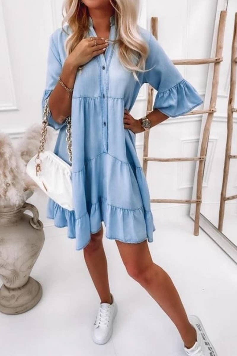 LIGHTBLUE CWDSD6508_Women Casual Denim Shirt Dress Short Sleeve A Line for wholesale on Faire3