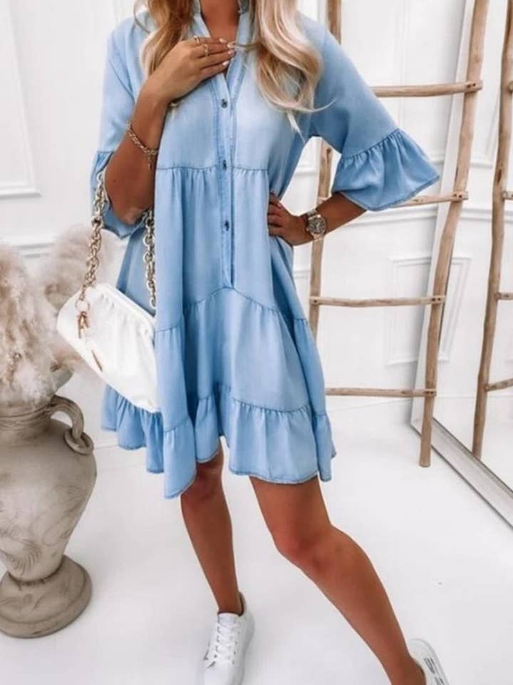 LIGHTBLUE CWDSD6508_Women Casual Denim Shirt Dress Short Sleeve A Line for wholesale on Faire3
