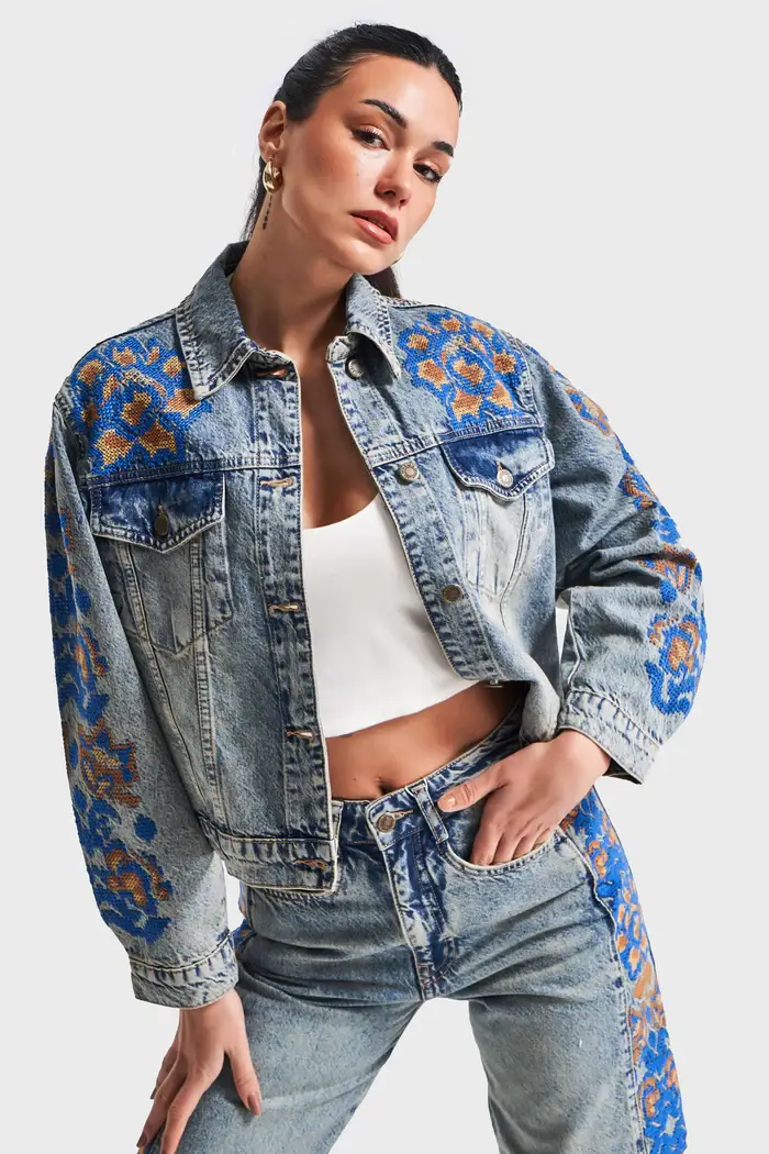 DesignofBoho - Wholesale Denim Jacket - Women's - Women's Embroidered 100% Cotton Denim Jacket with Embroidery0