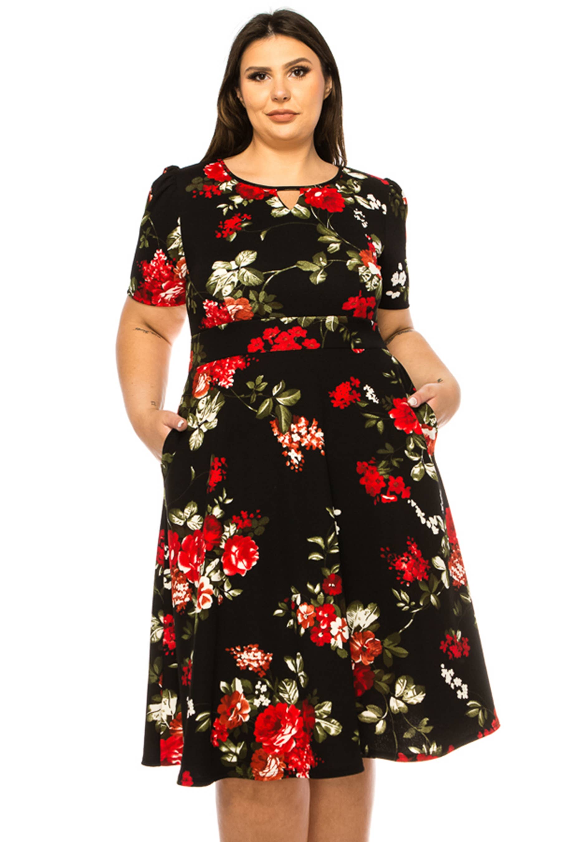 MOA COLLECTION - Wholesale Dress - Women's - Women's Plus Size Dress with Puff Sleeves and Keyhole Front35
