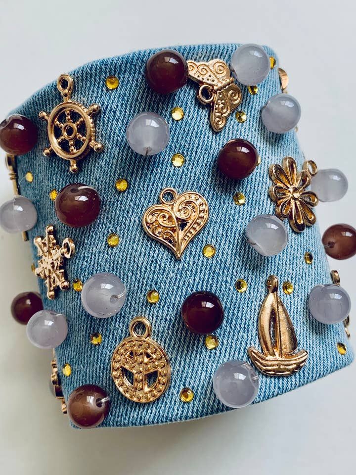 Nature Denim Bracelet with Charms & Beads– Boho Chic for wholesale by GARELL
