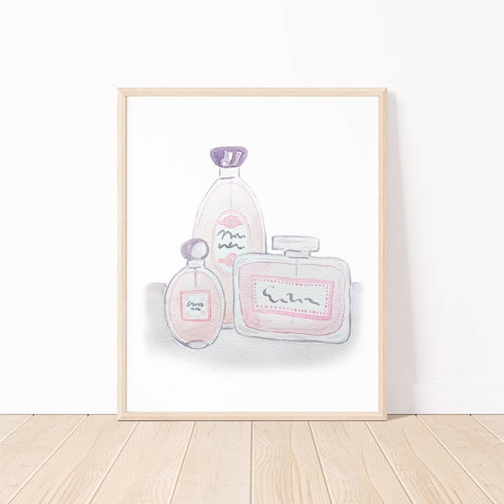 Pink Perfume Bottles Art Print for wholesale by White Clover Paper Co.