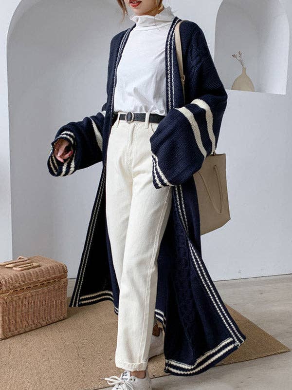 Sheer Trend - Vendita all'ingrosso Cardigan - Donna - Cappotto cardigan a righe in colore a contrasto Urban Loose10