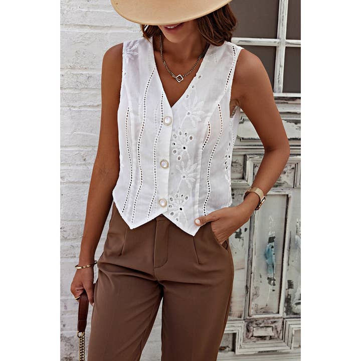 WHITE Button Front V Neck Embroidery Asymmetric Hem Vest for wholesale on Faire