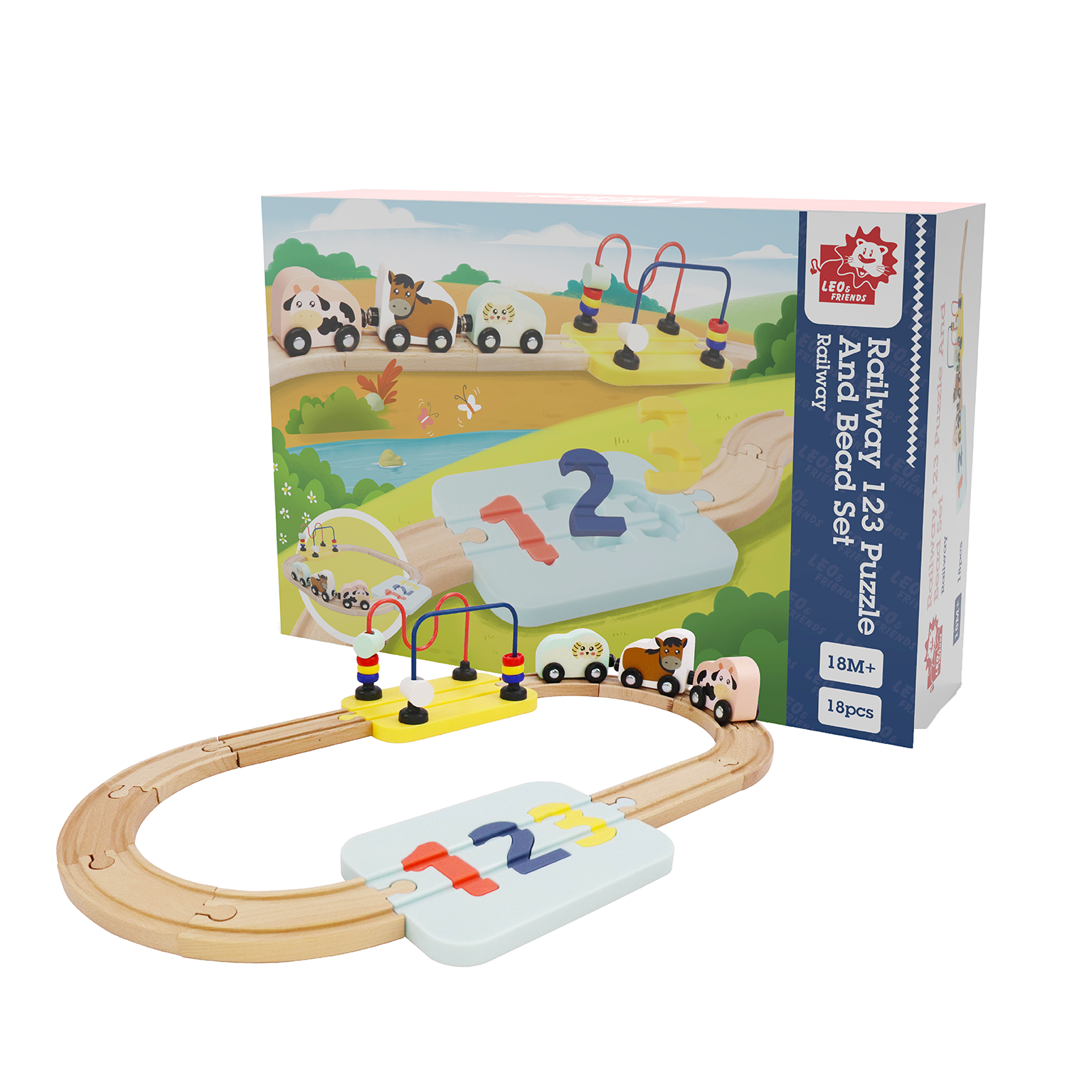 Leo & Friends - Wholesale Wood Toy - Kids - Wooden Railway 123 Puzzle and Bead Set 18-Pieces4