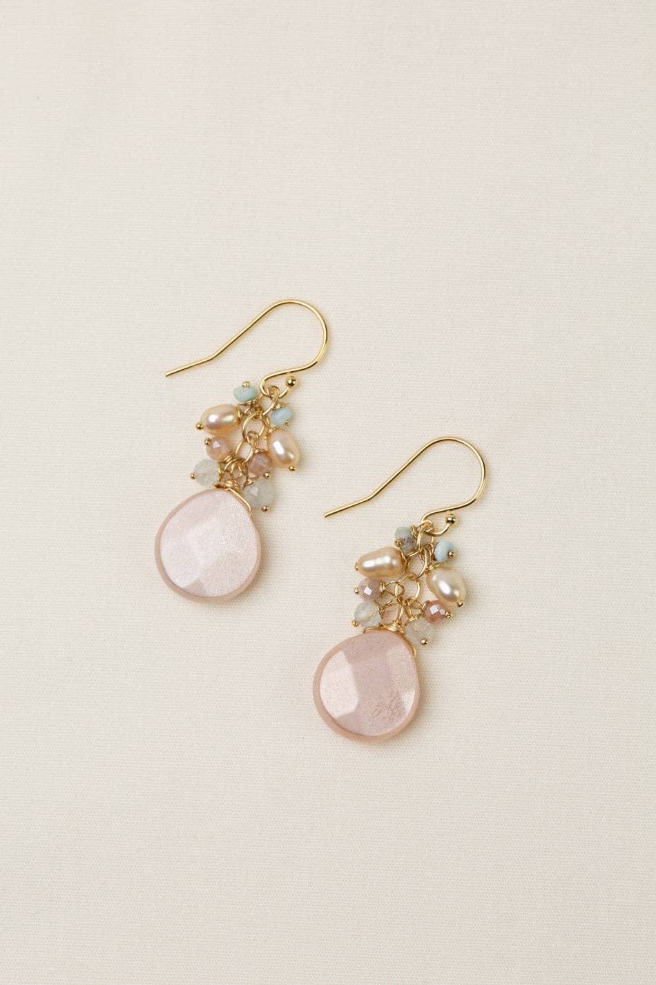 Anne Vaughan Designs Jewelry - Wholesale Dangle Earrings - Solace Freshwater Pearl, Aquamarine With Moonstone Cluster Earrings