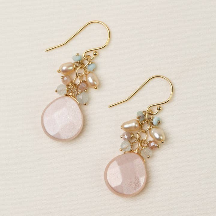 Anne Vaughan Designs Jewelry - Wholesale Dangle Earrings - Solace Freshwater Pearl, Aquamarine With Moonstone Cluster Earrings0