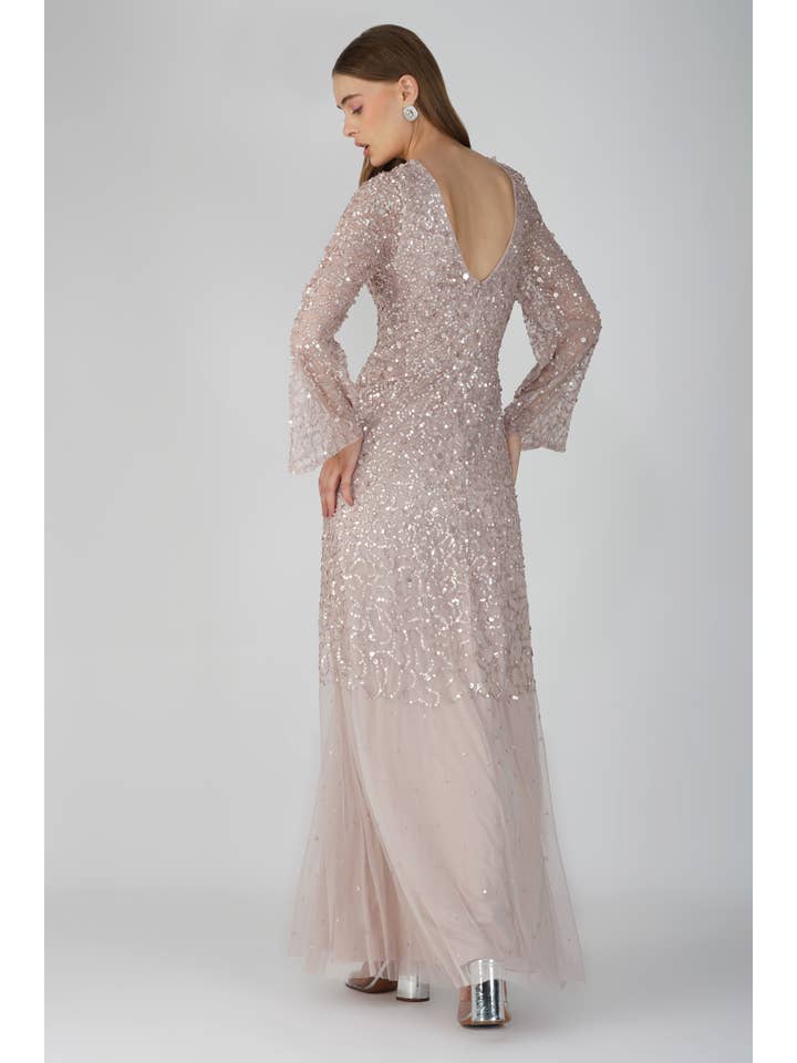 Diane Long Sleeve Embellished Maxi Dress in Mink for wholesale on Faire