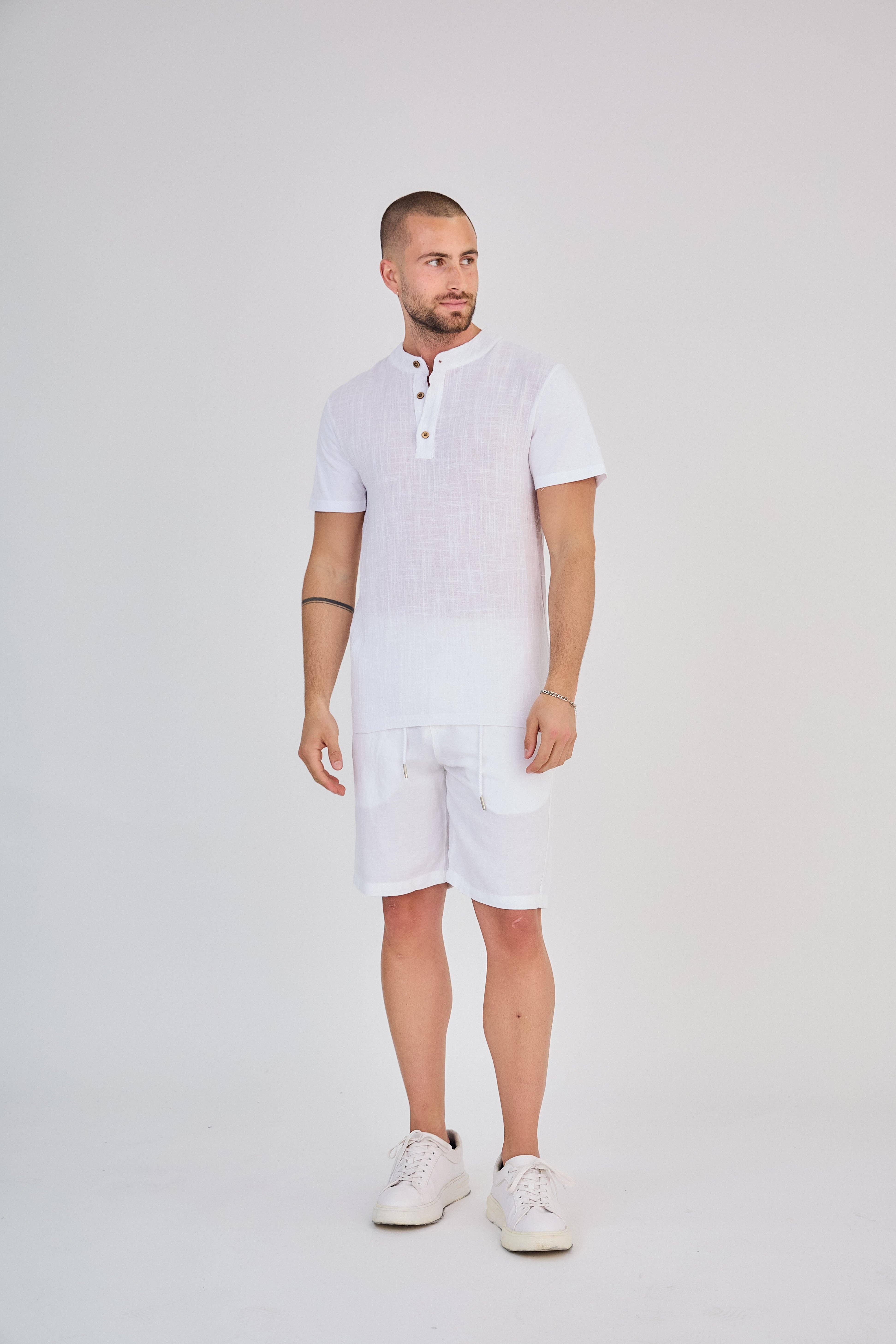 TOP MONDAY - Vente T-shirt – homme - T-Shirt en Lin Manches Courtes Blanc Col Mao0