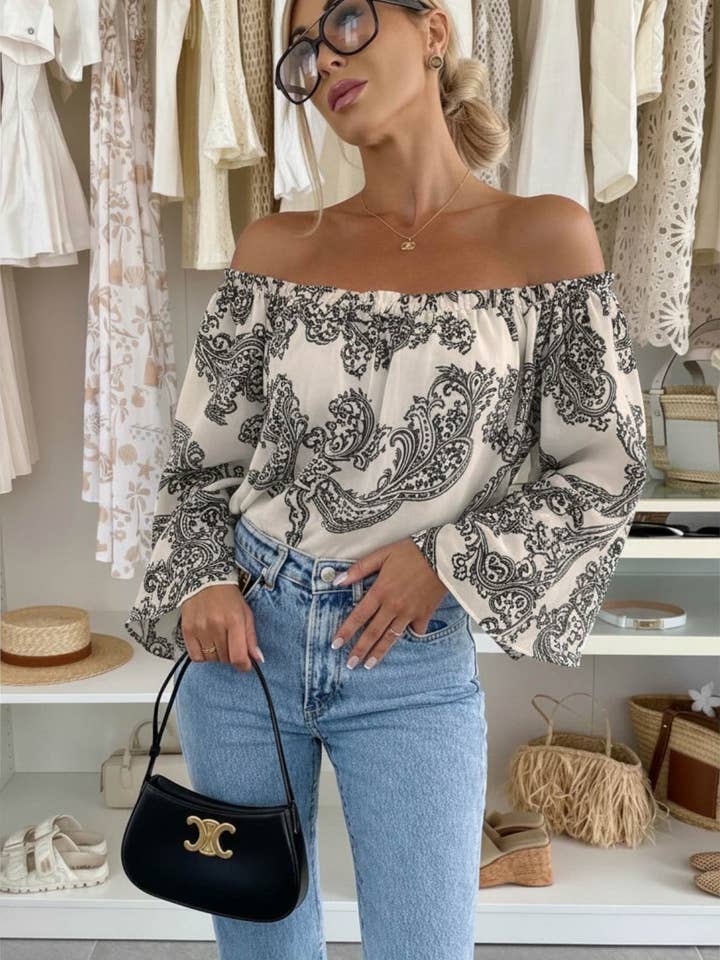 Aylene Paisley Bardot Off-Shoulder Blouse Top-Black for wholesale by Catwalk Wholesale
