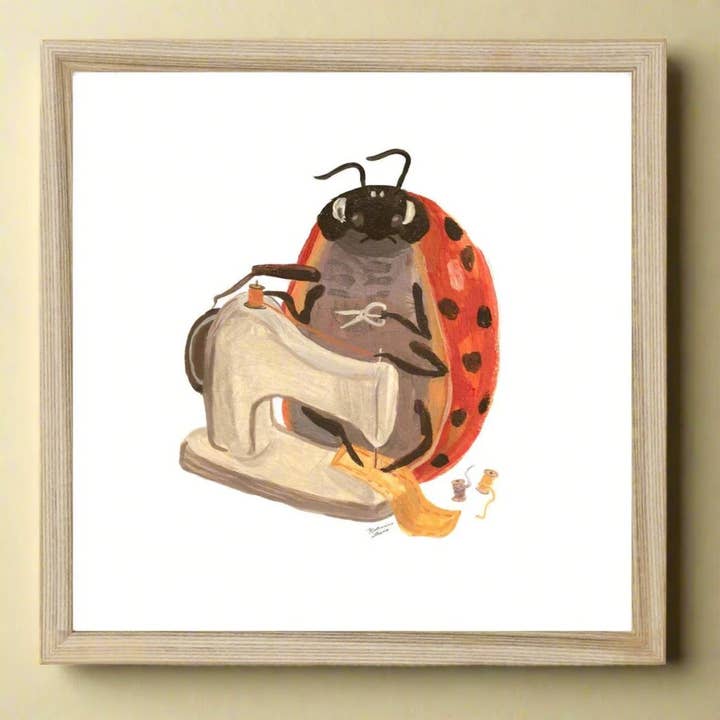Sewing Ladybug Framed Illustration Print for wholesale by Ingrid Press