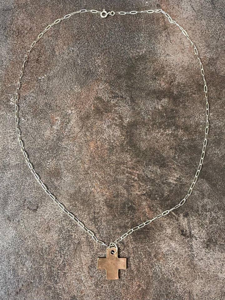 Bronze Cross on Sterling Silver Paperclip Necklace for wholesale by Adorn