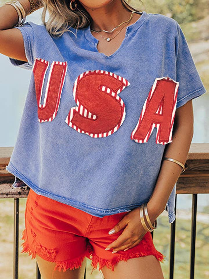 Sky Blue USA Patch Mineral Wash Notch V Neck Vintage Graphic T Shirt for wholesale on Faire