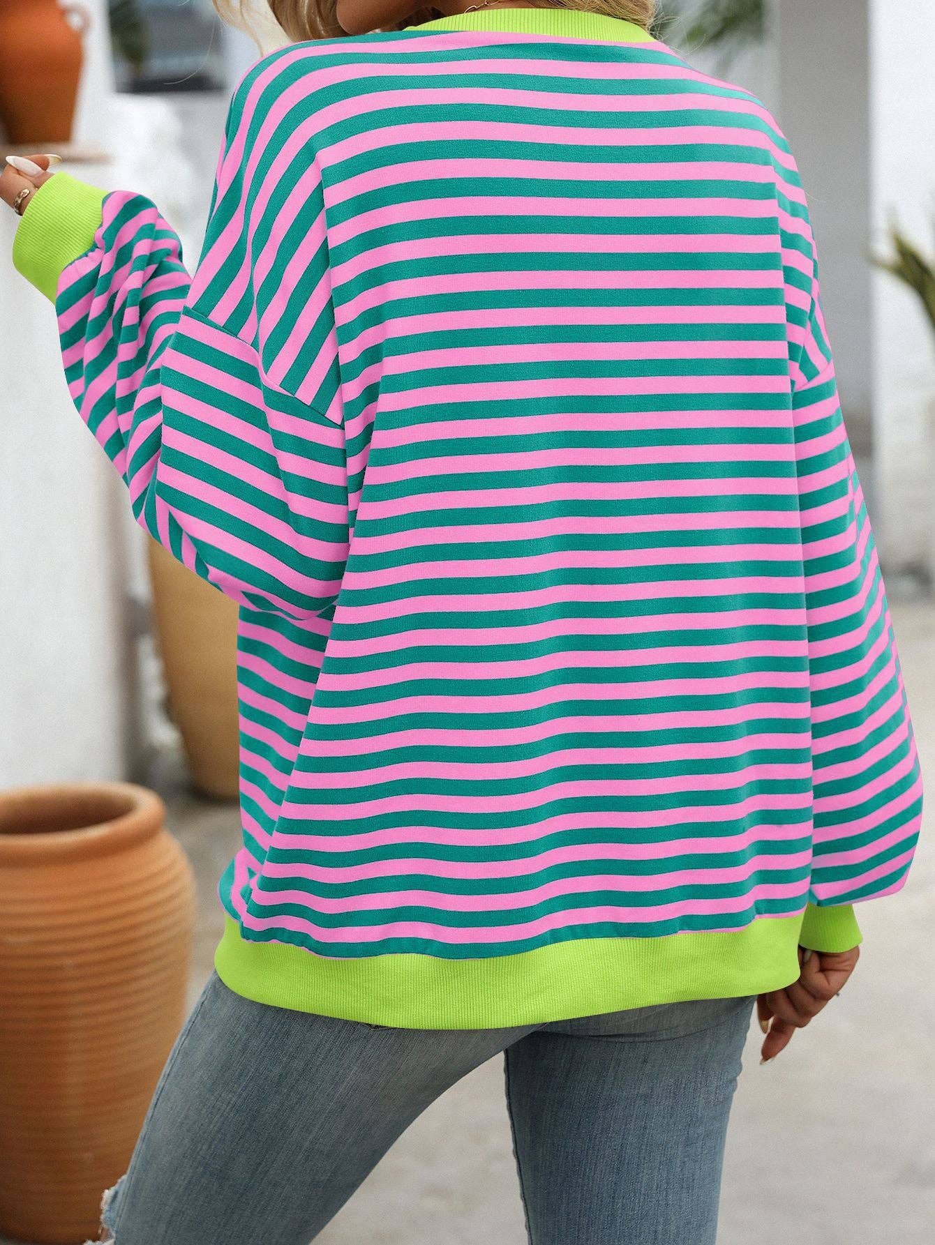 Lovesoft - Wholesale Sweatshirt - Women's - Women Color Striped Crew Neck Loose Sweatshirt Sweater22