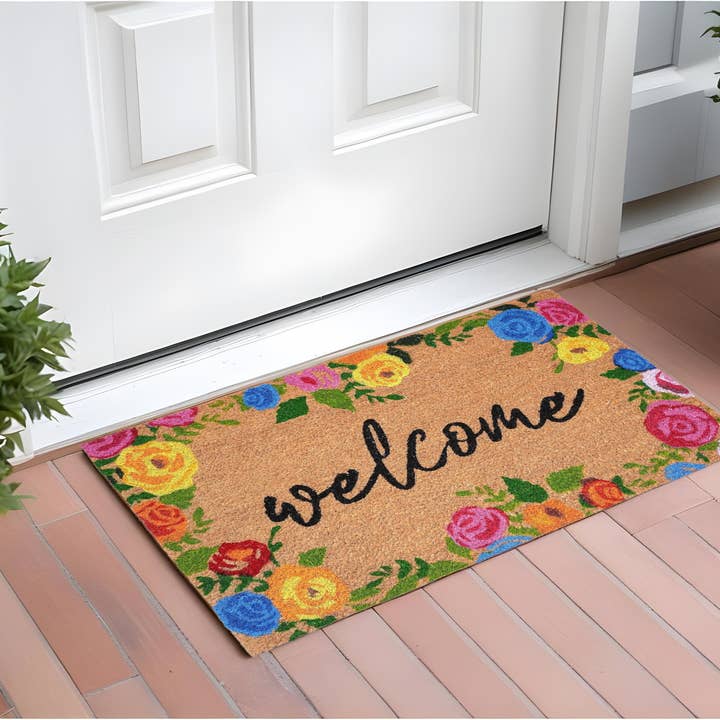 24" X 36" Natural and Black Coir Floral Outdoor Door Mat for wholesale by HomeRoots