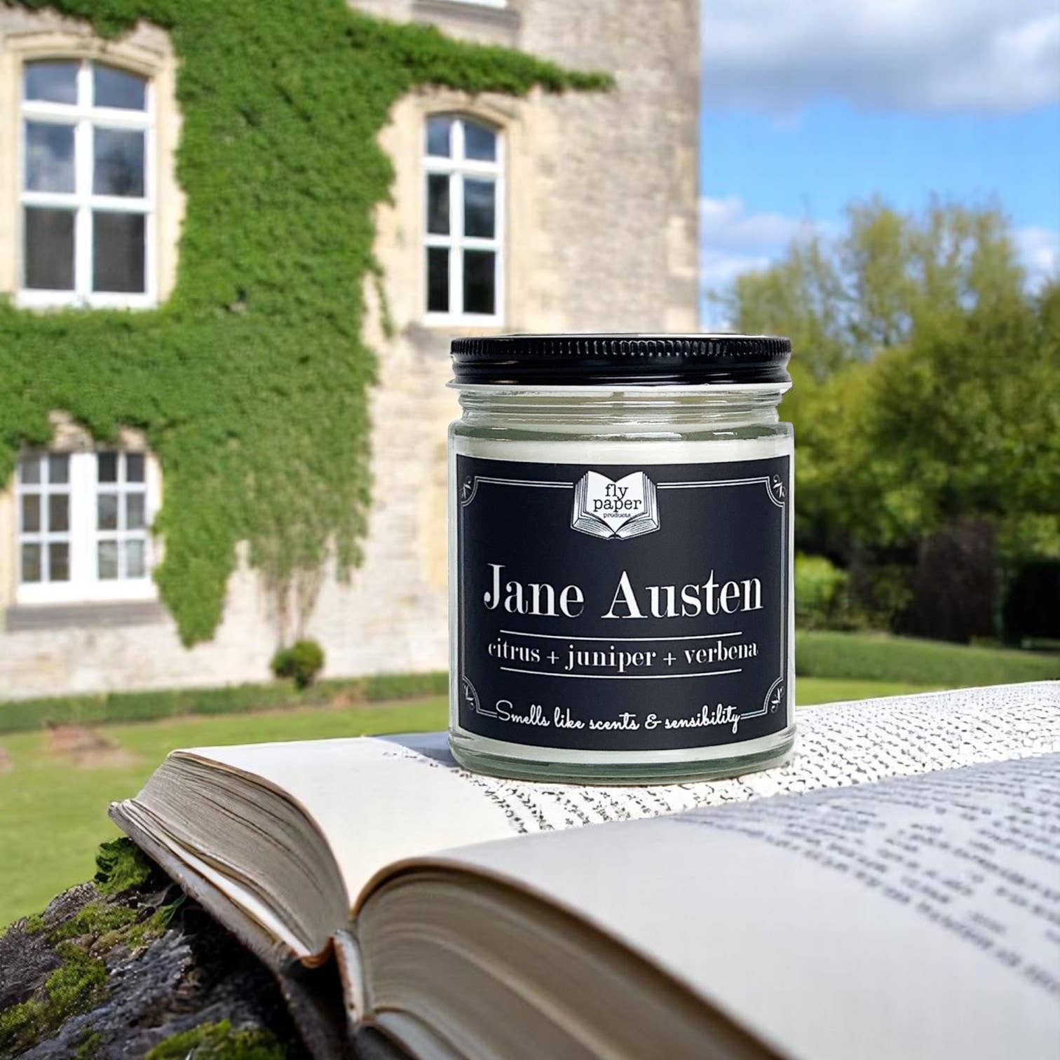 Fly Paper Products - Wholesale Jar/filled candle - Jane Austen 9oz Candle Citrus + Juniper + Verbena