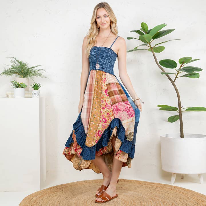 Young Threads - Wholesale Dress - Women's - Ruffled Midi Dress with Denim Inserts