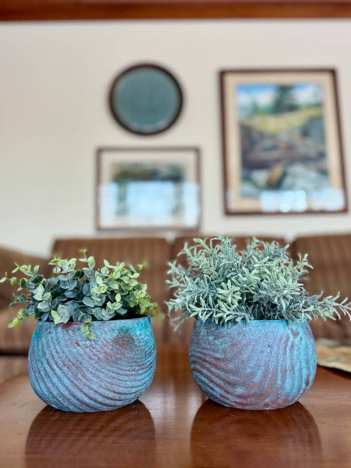 Copper Patina Self-Watering Planter (Coastal Texture Series) — Made in Maine, USA for wholesale by Maine Pottery Company