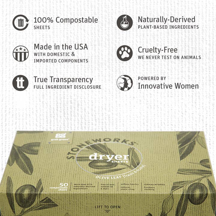 Grab Green - Wholesale Dryer Balls - Stoneworks Compostable Dryer Sheets, Olive Leaf, 80 sheets
