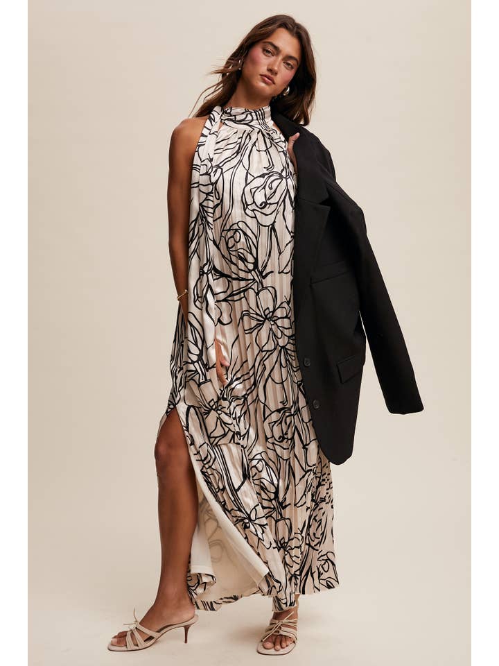 Listicle - Wholesale Dress - Women's - Pleated Floral Halter Satin Maxi Dress