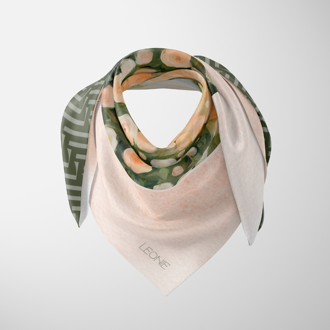 Leonie - Wholesale Scarf - Women's - Odette in Peach & Green, 90cm Silk Scarf1
