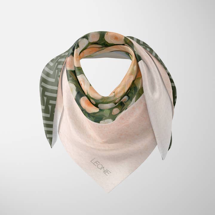 Leonie - Wholesale Scarf - Women's - Odette in Peach & Green, 90cm Silk Scarf1